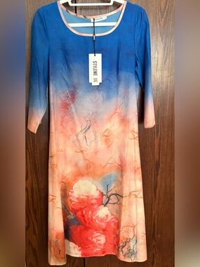 Women’s Classic Blue to Coral Ombre Floral Midi Dress by STYLEWE ~ New with Tags